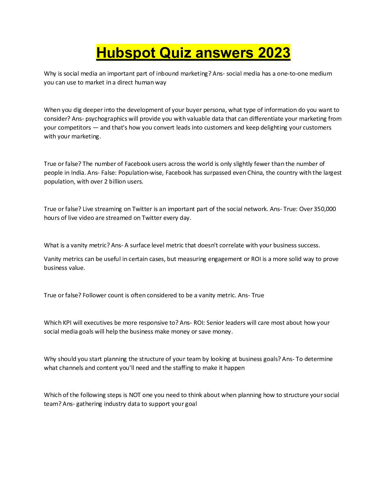 Preview image for Hubspot Quiz answers 2023